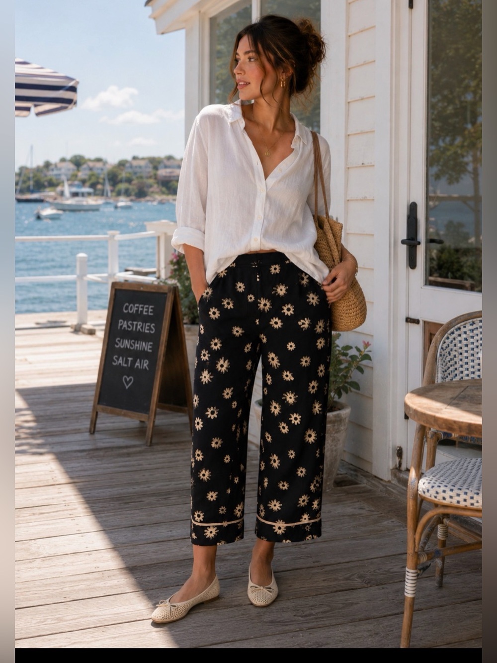 Free People 🌼 Linen Blend Cropped Floral Pants Size 6 Coastal Cottagecore